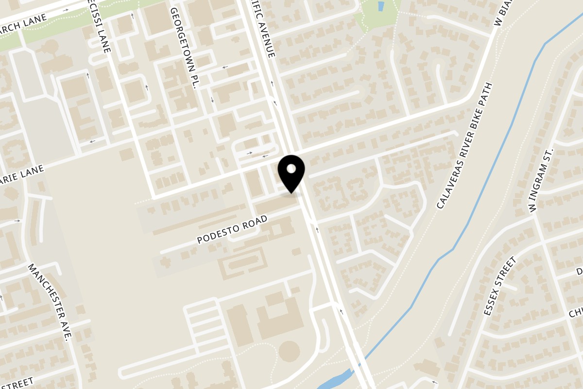 Map showing the location of Nordic Bites on 4343 Pacific Ave Ste a-1 in Stockton